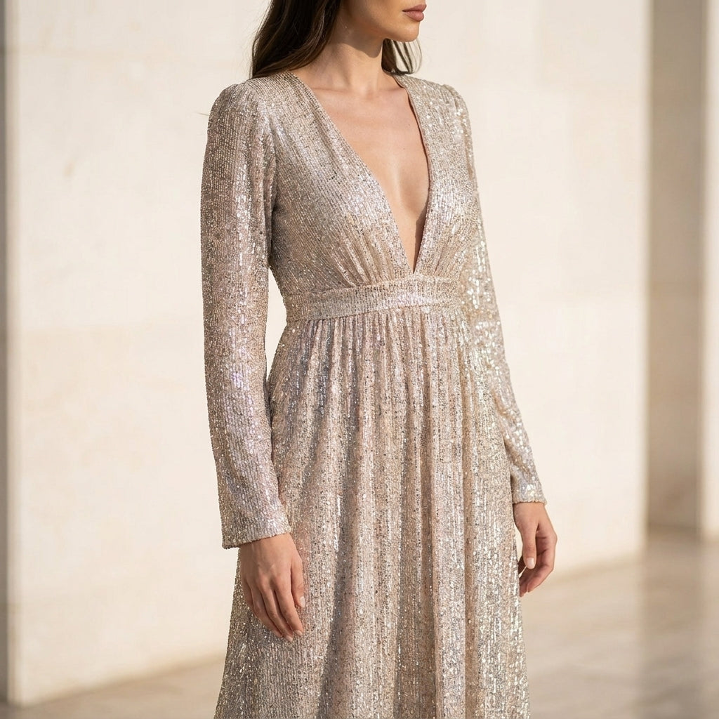 Elegant Flowing Maxi Dress with Cinched Waist and Shimmering Sequins