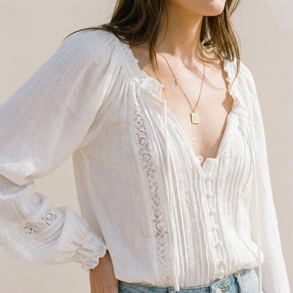 Relaxed V-Neck Blouse with Pintuck and Lace Trim Details