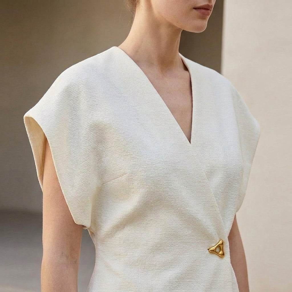 Fitted Wrap-Front V-Neck Blouse with Sculpted Waist Embellishment