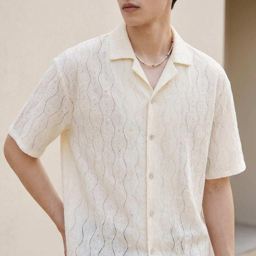 Relaxed Fit Cuban Collar Short-Sleeve Shirt with Wavy Openwork Detailing
