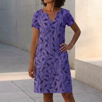 Effortless V-Neck A-Line Dress with Artistic Print and Pockets
