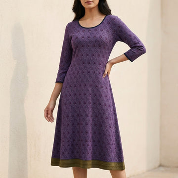 Flowing Geometric Knit A-Line Midi Dress with Contrast Hem Band