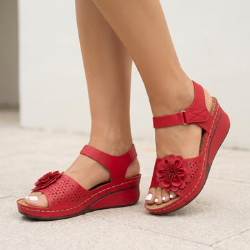 Elegant Floral Applique Wedge Sandals with Adjustable Ankle Strap
