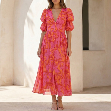 Flowing Chiffon Maxi Dress with Puff Sleeves and Button Front Slit