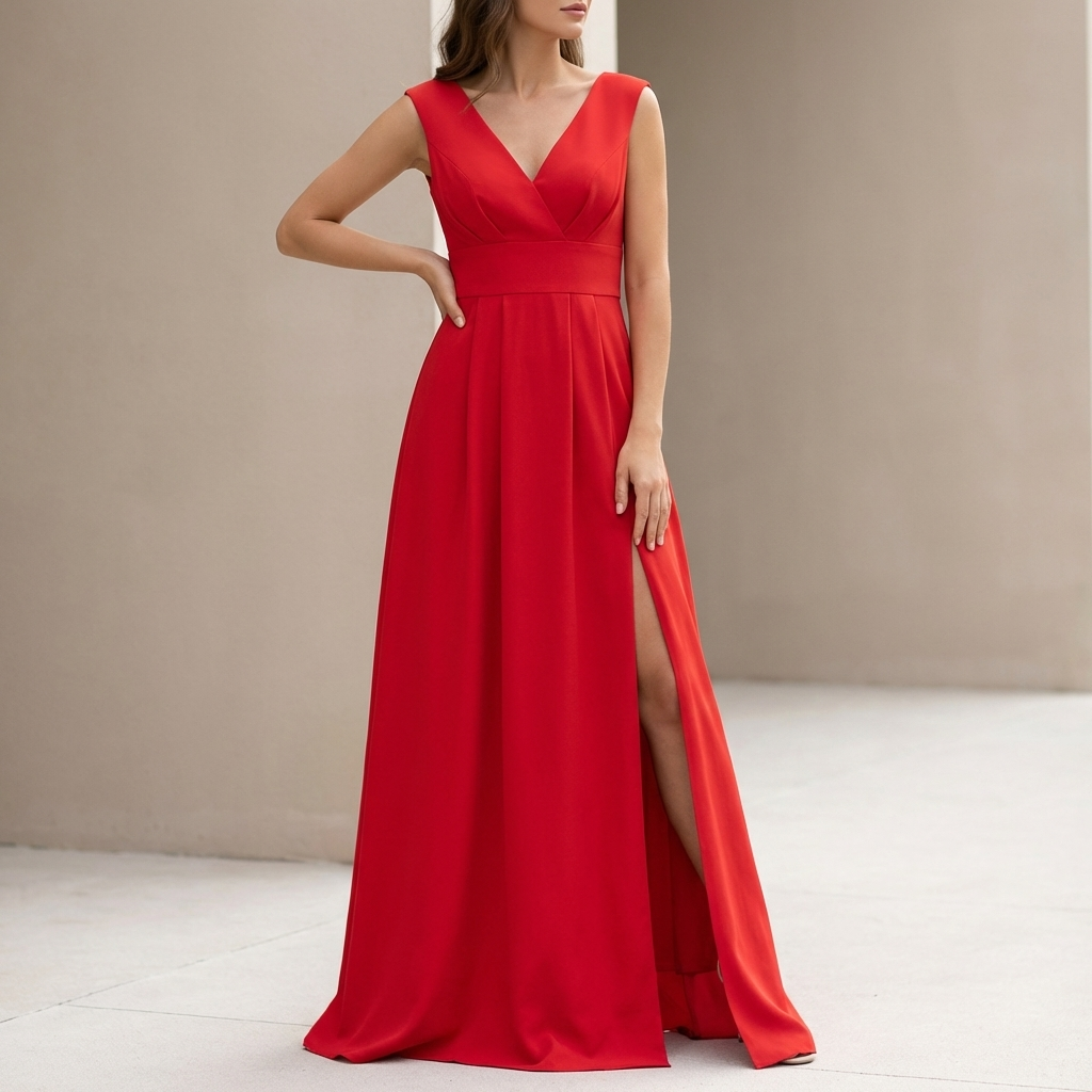Elegant A-Line Crepe Maxi Dress with V-Neck and Side Cut-Outs