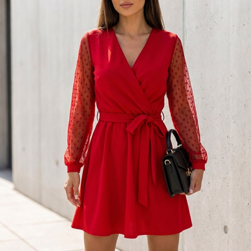 Sophisticated A-Line Wrap Dress with Sheer Mesh Sleeves and Tie Waist