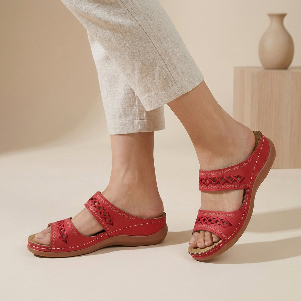 Laser-Cut Double Strap Comfort Orthopedic Slides - Timeless Ease for Sunny Days