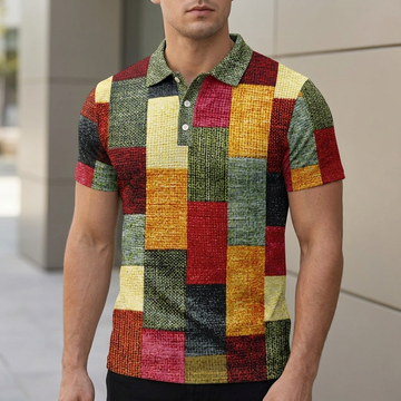 Men’s Breathable Polo Shirt with Geometric Patchwork Design