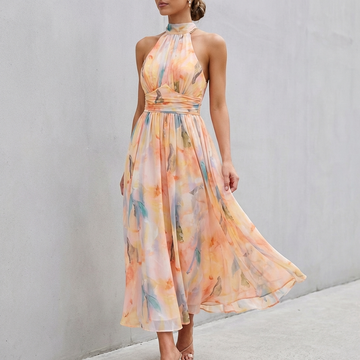 Chiffon Pleated A-Line Maxi Dress with Ruched Waist and Chain Detail
