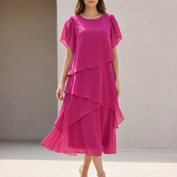 Elegantly Tiered Chiffon Midi Dress with Puff Sleeve Silhouette
