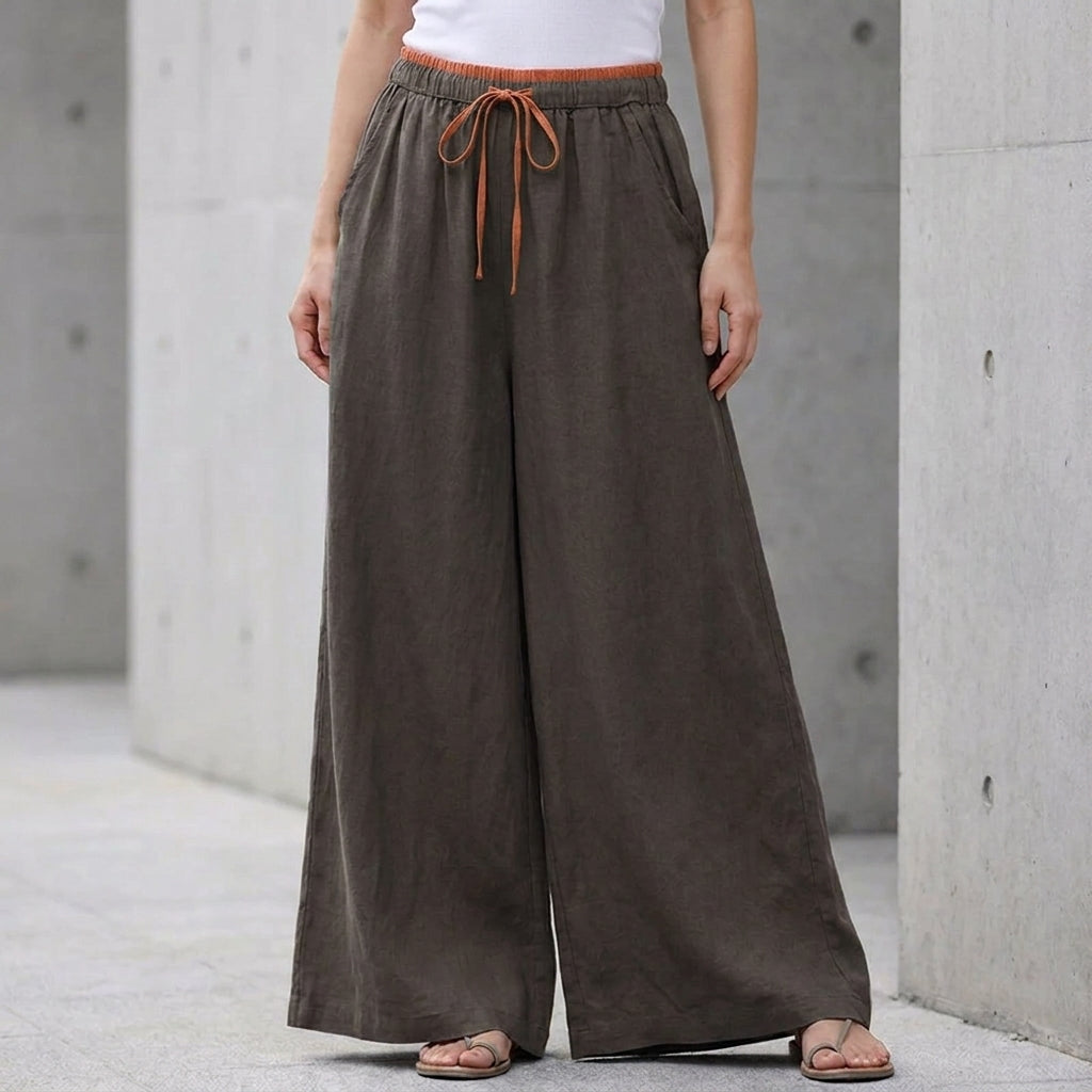 Relaxed Fit Drawstring Wide-Leg Ankle Pants with Pockets