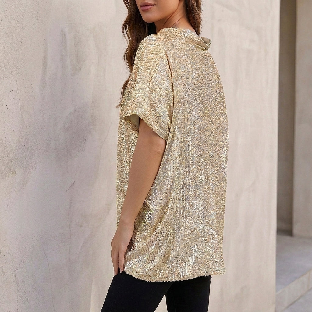 Relaxed Fit Sequined V-Neck Top with Draped Short Sleeves