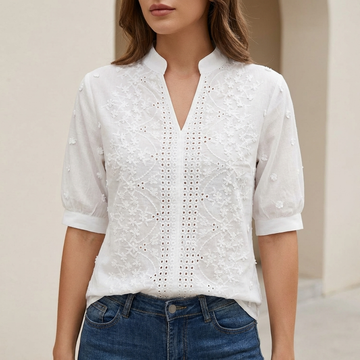 Elegant Relaxed Fit V-Neck Blouse with Embroidered Floral Detailing