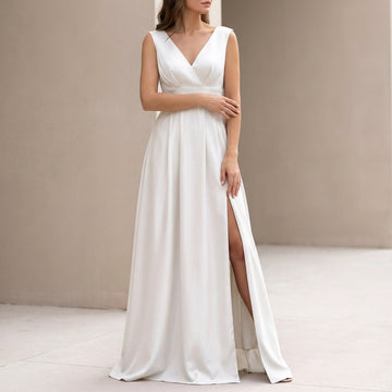 Elegant A-Line Crepe Maxi Dress with V-Neck and Side Cut-Outs