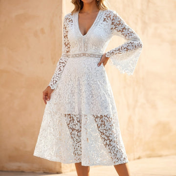Bohemian-Inspired Lace Midi Dress with Scalloped Detailing and Sheer Accents