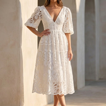 Embroidered Lace A-Line Midi Dress with Puff Sleeves and Cut-Out Waist