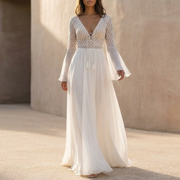 Elegant Lace Bodice Maxi Dress with Sheer Bell Sleeves