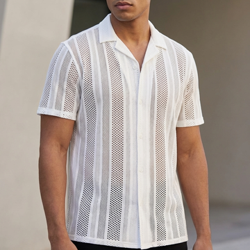 Sophisticated Relaxed Collared Mesh Shirt with Vertical Striped Texture