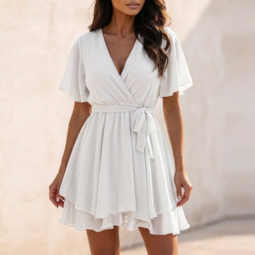 Elegant Flowing Chiffon Wrap A-Line Mini Dress with Flutter Sleeves