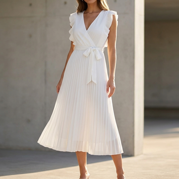 Elegant Chiffon Pleated Midi Dress with Wrap Bodice and Ruffle Detail