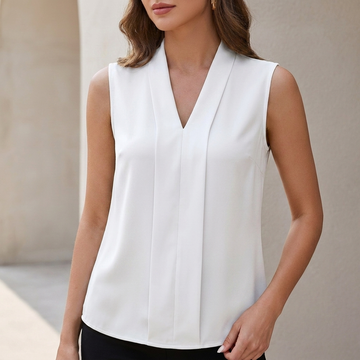 Tailored Sleeveless V-Neck Blouse with Elegant Front Pleats