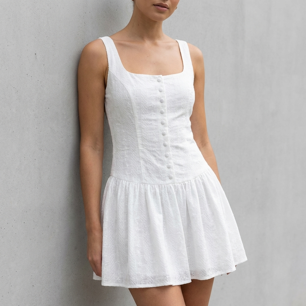 Fitted Square-Neck Sleeveless Mini Dress with Buttoned Bodice and Flared Hem