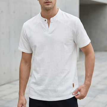Relaxed Band-Collar Henley Shirt with Rolled Cuffs