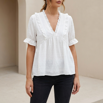 Relaxed Peplum Blouse with Ruffled V-Neck and Tiered Hem
