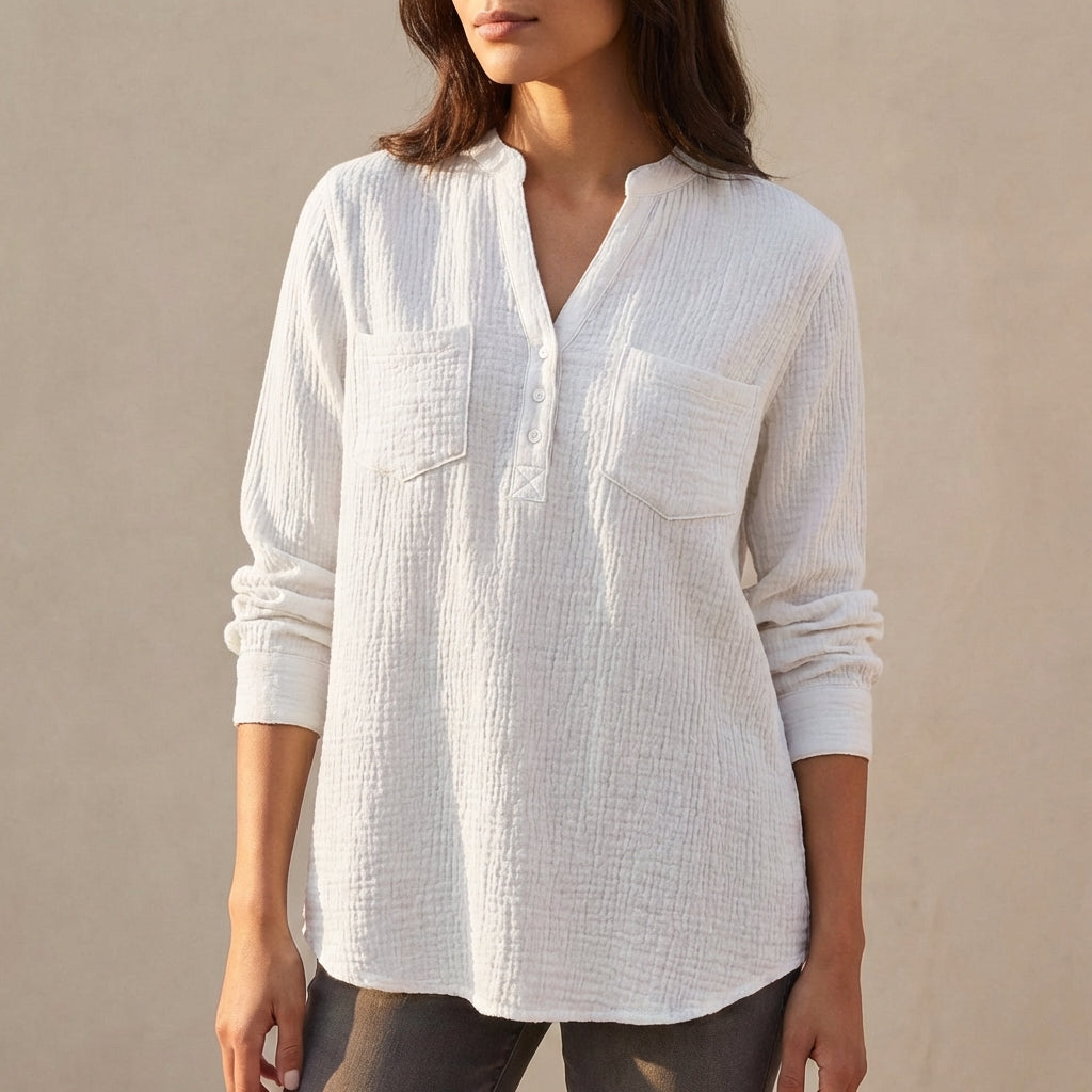 Relaxed Textured Button-Front Blouse with Chest Pockets