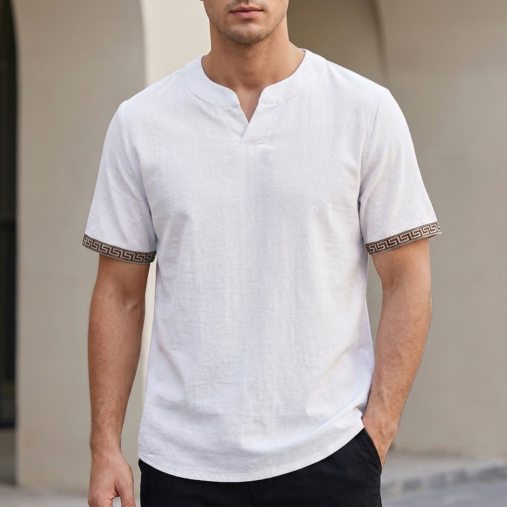 Men’s Relaxed T-Shirt with Notched Collar and Embroidered Cuffs