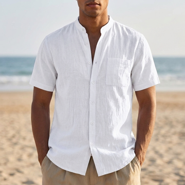 Men’s Relaxed Henley Shirt with Stand Collar and Chest Pocket