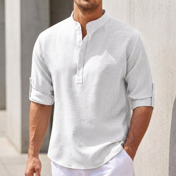 Men’s Relaxed Waffle Knit Henley Shirt with Band Collar and Roll-Tab Sleeves