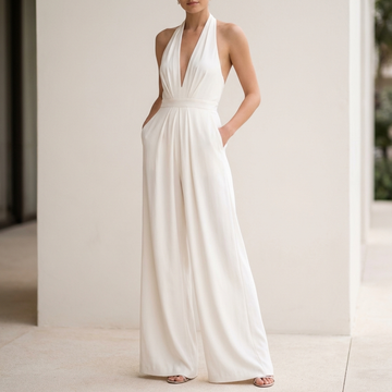 Ankle-Length Halter Jumpsuit with Open Back and Wide Legs