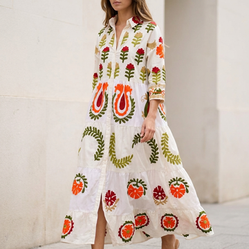 Flowing Tiered Maxi Shirt Dress with Collared V-Neck and Floral Motif