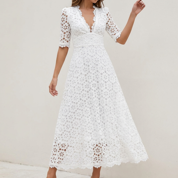 Fitted A-Line Maxi Dress with Embroidered Eyelet and Scalloped Hem