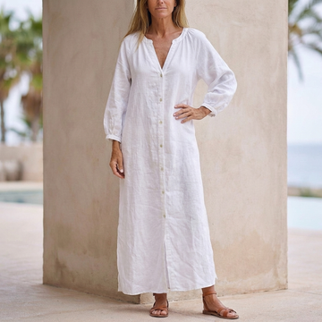 Flowing Maxi Shirtdress with V-Neck and Button Front Details
