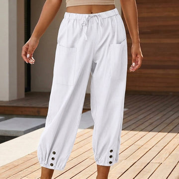 High-Waisted Relaxed Cropped Pants with Drawstring and Buttoned Hem