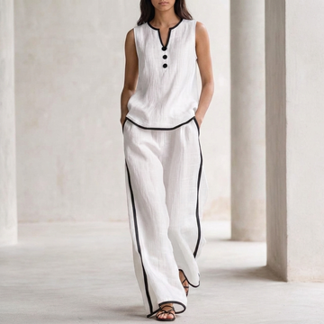 Sleeveless Notched V-Neck Top and Wide-Leg Pants Set with Trim Details