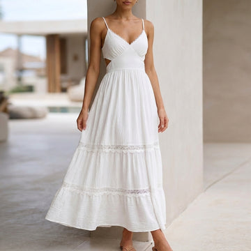 Flowing Tiered Maxi Dress with Ruched Bodice and Scalloped Lace Trim