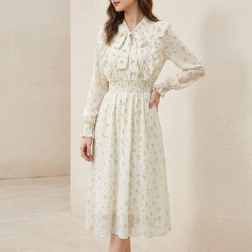 Flowing Chiffon Ruffled High-Neck Midi Dress with Smocked Waist