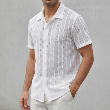 Relaxed Fit Translucent Knit Polo Collar Striped Short Sleeve Shirt