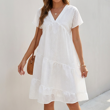 Flowing Sheer Tiered Mini Dress with V-Neck and Ruffled Hem
