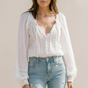 Relaxed V-Neck Blouse with Pintuck and Lace Trim Details