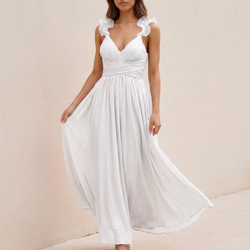 Flowing Sleeveless V-Neck A-Line Midi Dress with Pleated Skirt and Waist Cutouts