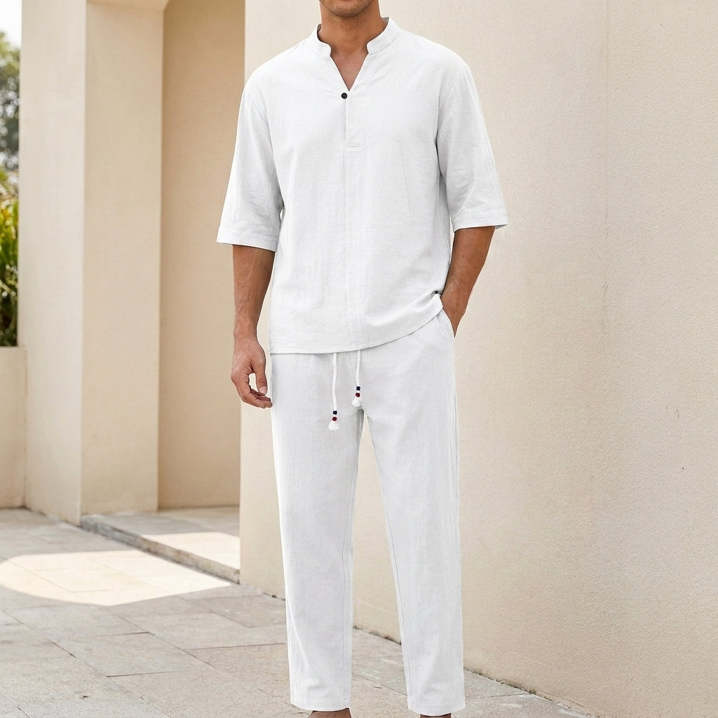 Relaxed Two-Piece Shirt and Drawstring Pants Set for Leisure