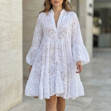 Embroidered Lace V-Neck Mini Dress with Tiered Skirt and Bell Sleeves