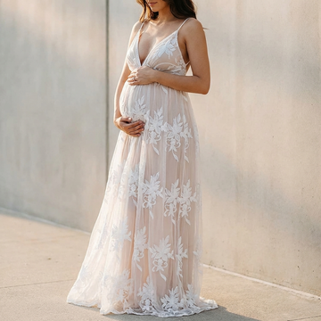 Elegant Flowing Maternity Maxi Dress with Floral Lace and Tulle Overlay