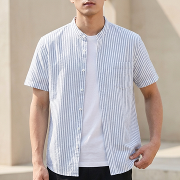 Relaxed Band Collar Shirt with Vertical Stripes and Cuffed Sleeves