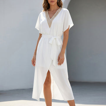 Embellished V-Neck Wrap Midi Dress with Flowing Silhouette