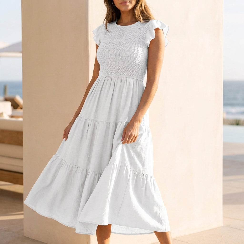 Smocked Bodice Tiered Midi Dress with Ruffle Cap Sleeves